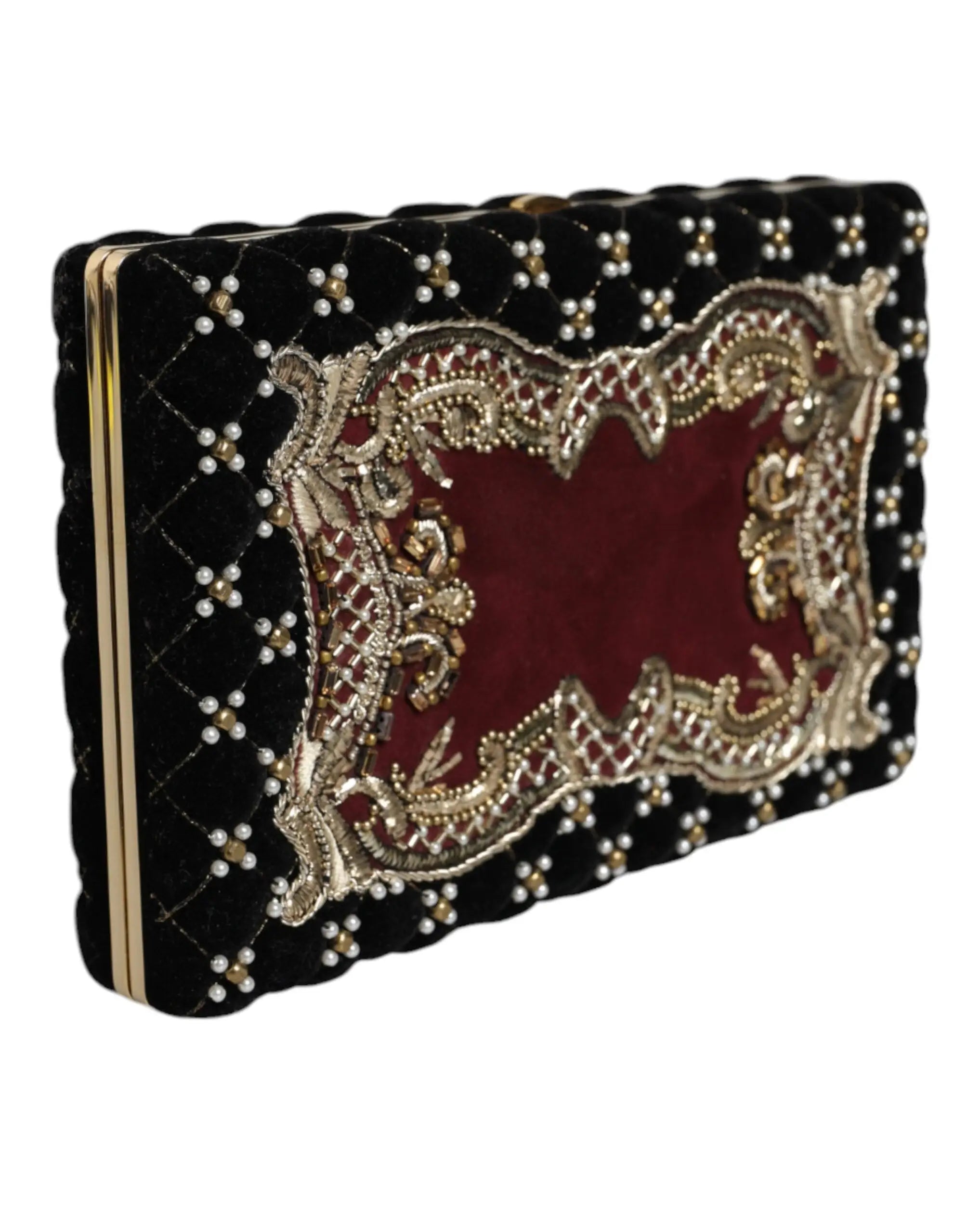 Pochette de soirée dolce & gabbana en velours noir bordeaux avec panneau central brodé or et perles