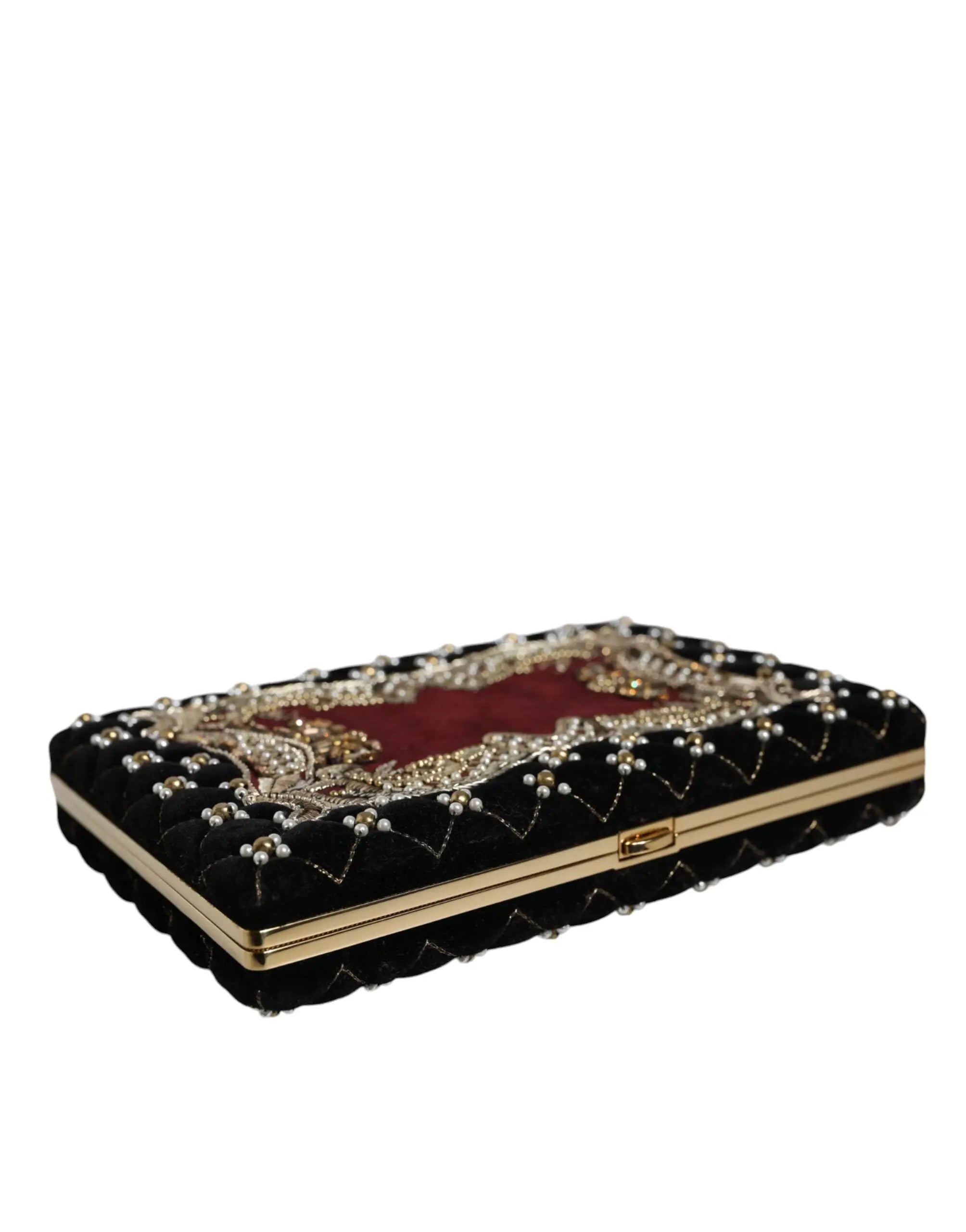 Dolce & gabbana bordeaux clutch en velours noir avec perles dorées et doublure intérieure bordeaux