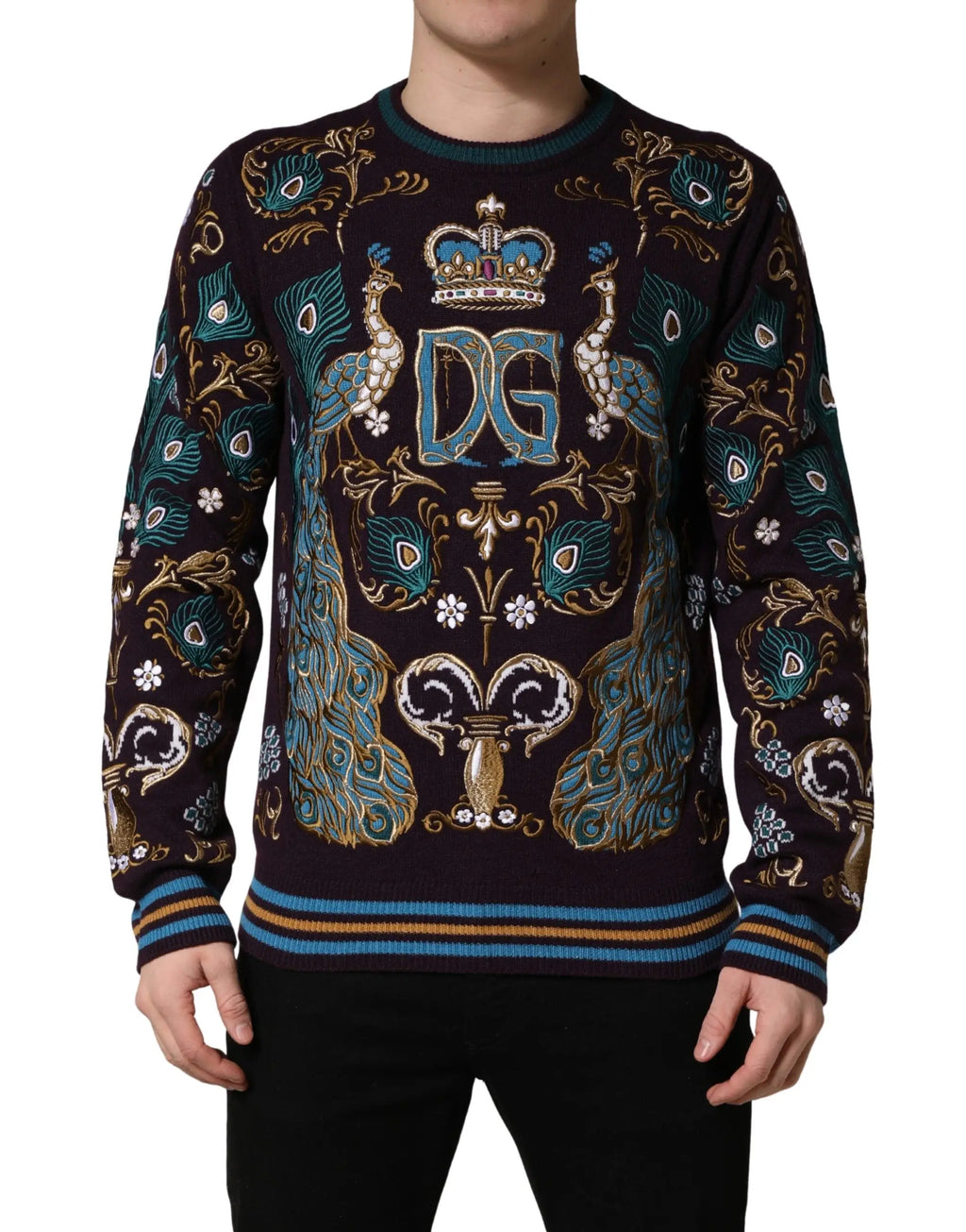 Pull bordeaux en cachemire dolce & gabbana avec broderies complexes de paon teal or blanc couronne et logo dg