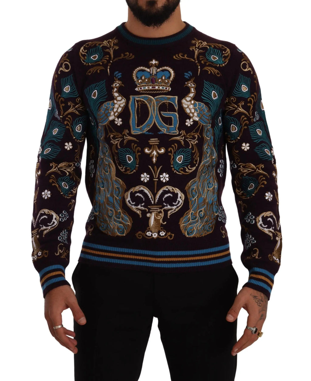 Pull en tricot bleu marine dolce & gabbana bordeaux en cachemire avec broderies paon couronne et logo dg en fils bleu canard et or
