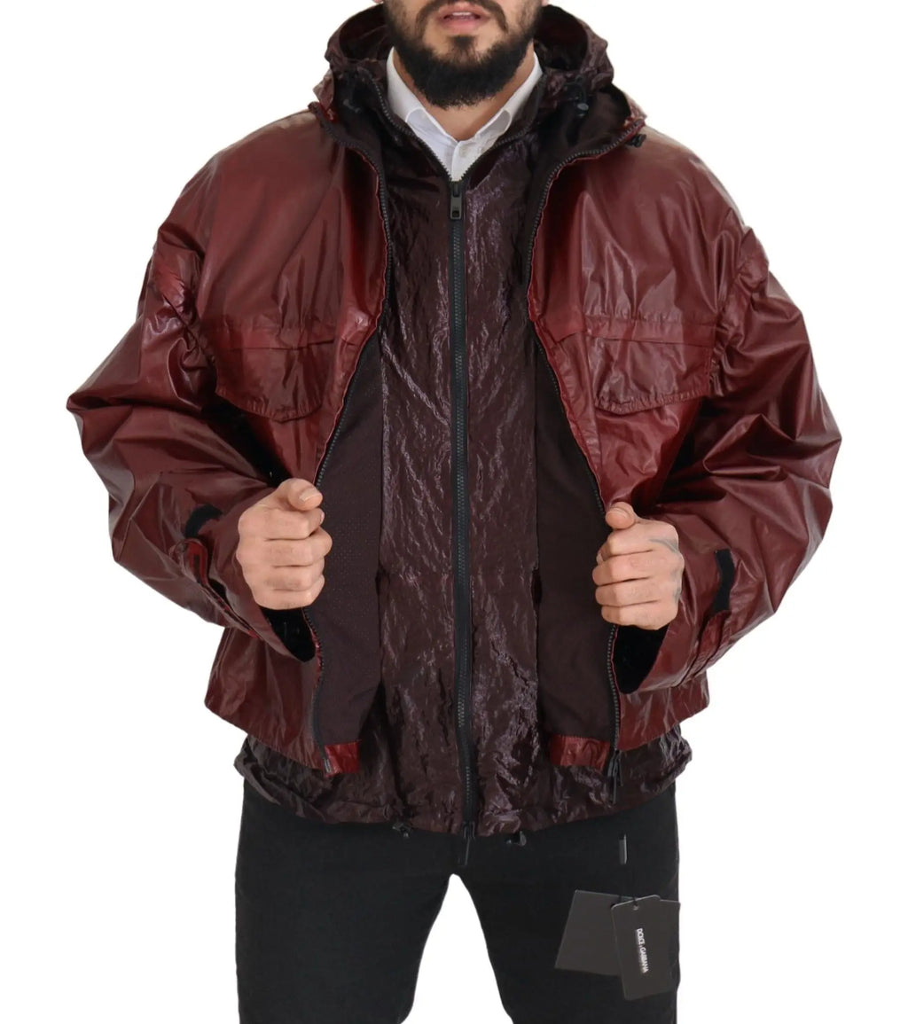 Dolce & gabbana bordeaux cotton hooded full zip jacket en nylon mat bordeaux avec doublure intérieure texturée et zips noirs