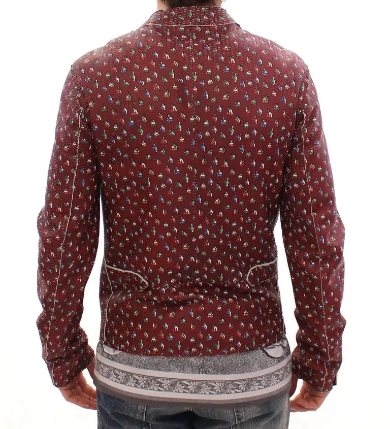 Veste longue à manches longues bordeaux dolce & gabbana en cuir avec motif boxer coloré subtil et couture détaillée