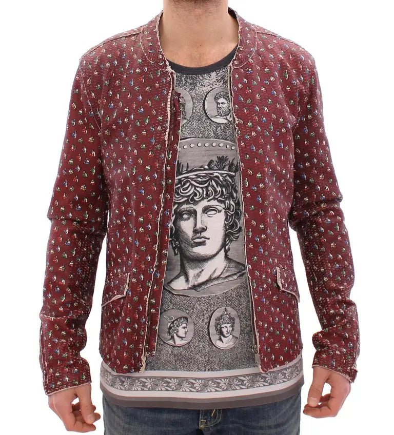 Veste bomber rouge dolce & gabbana en cuir bordeaux avec imprimé vintage bustes classiques et bordures décoratives