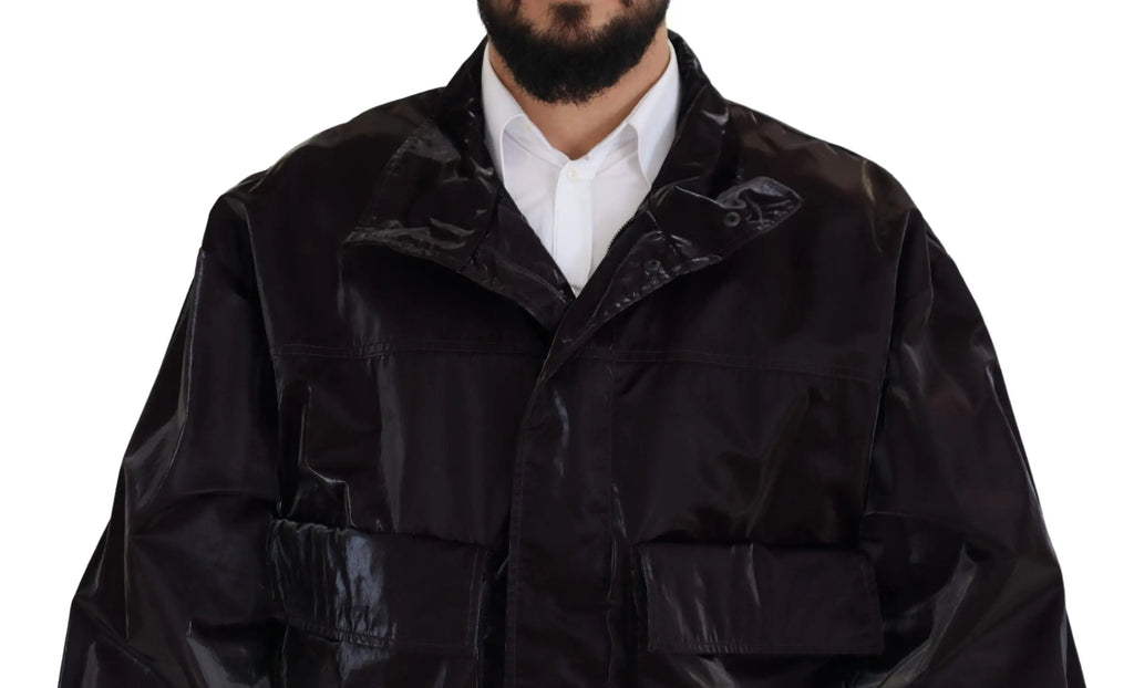 Imperméable noir brillant dolce & gabbana en nylon avec col et poches structurées pour homme