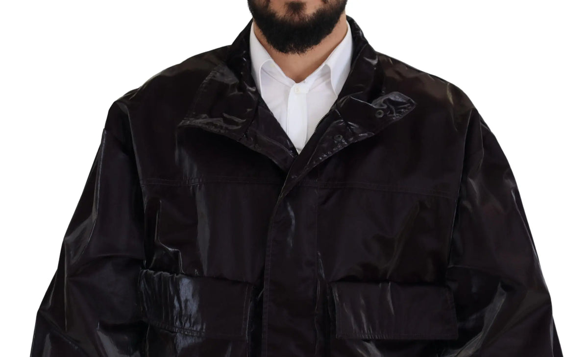 Imperméable noir brillant dolce & gabbana en nylon avec col et poches structurées pour homme