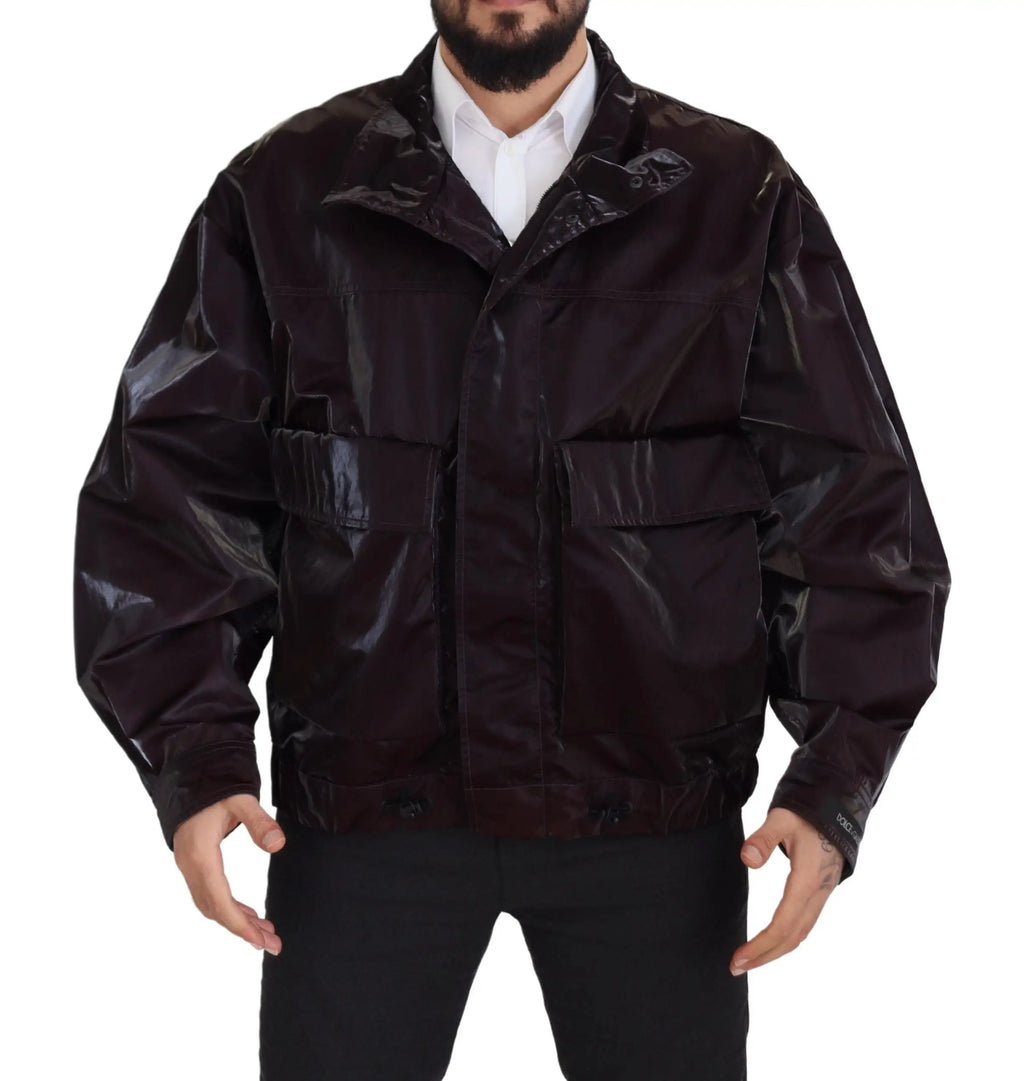 Dolce & Gabbana bordeaux nylon bomber homme noir brillant avec deux poches avant à rabat et col montant