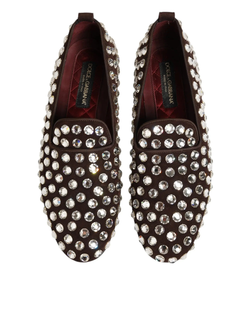 Dolce & gabbana bordeaux suede crystals loafers chaussures habillées en daim marron ornées de strass clairs étincelants