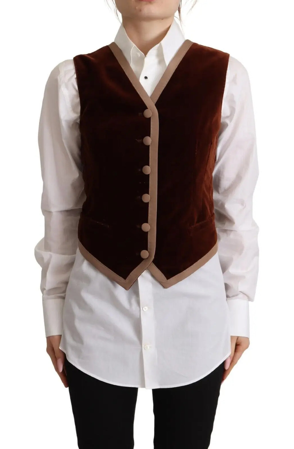 Gilet sans manches dolce & gabbana en velours bordeaux avec col en v en coton et boutons assortis beige