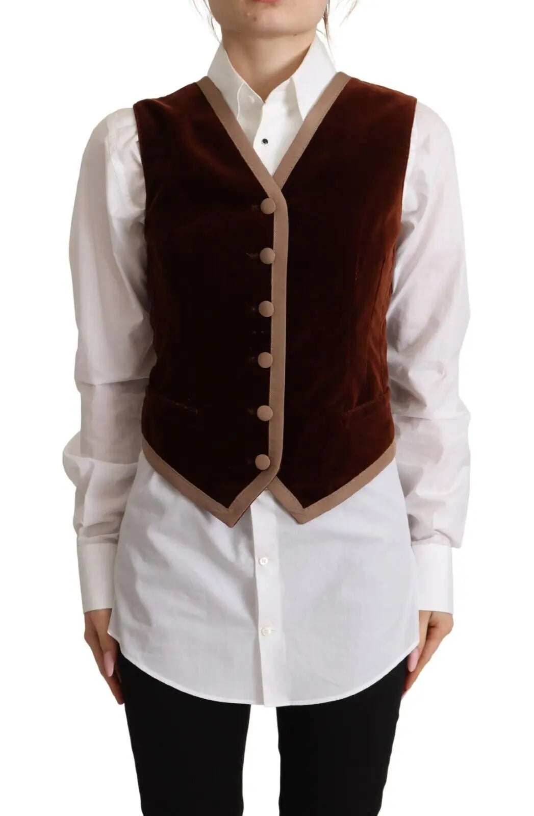 Gilet sans manches dolce & gabbana en velours bordeaux avec col en v en coton et boutons assortis beige