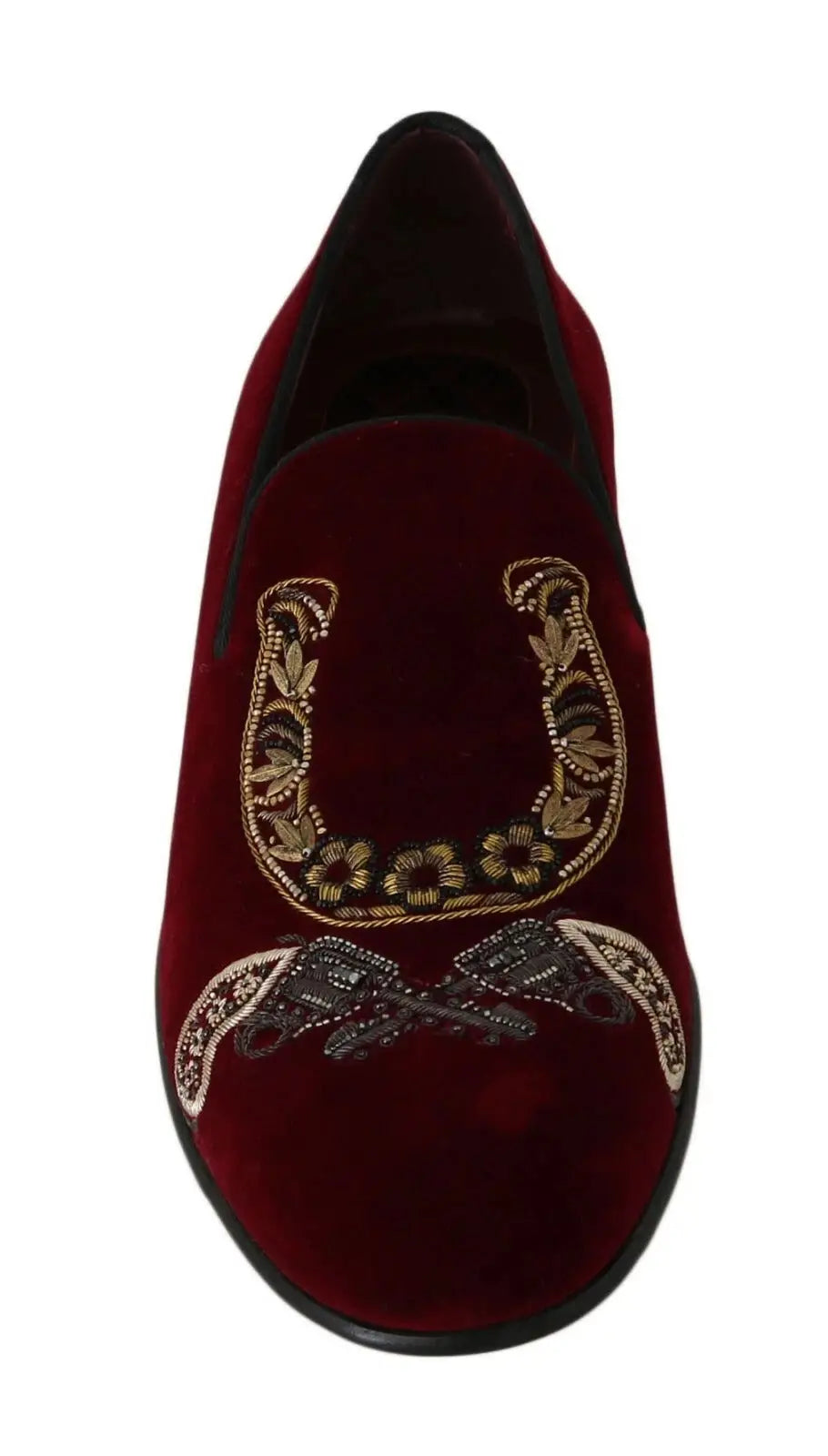 Mocassin Dolce & Gabbana bordeaux en velours décoré d un fer à cheval brodé or et noir élégant et raffiné