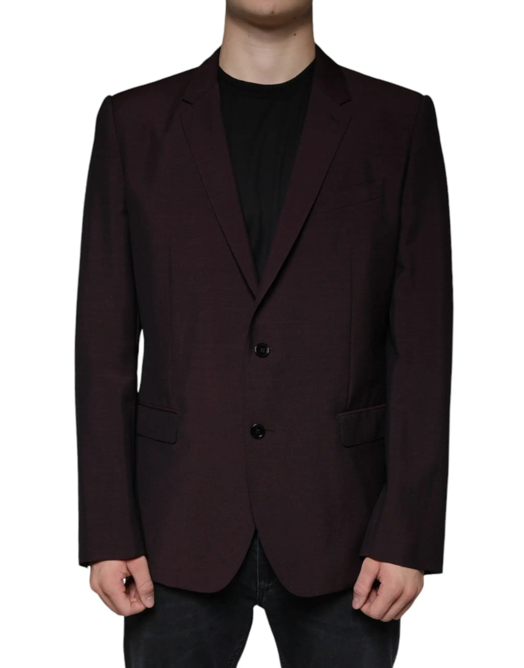 Un blazer de costume dolce gabbana bordeaux en laine avec une coupe ajustée et deux boutons noirs