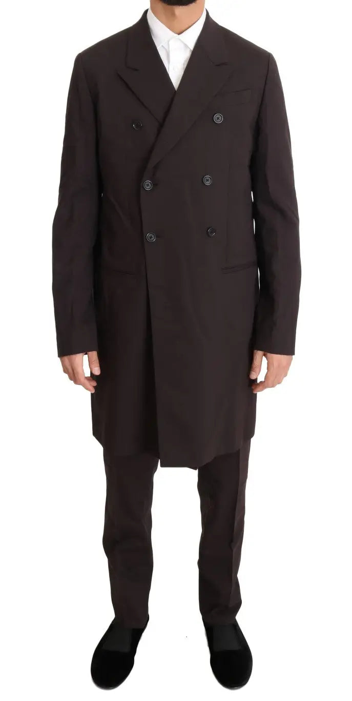 Manteau long en laine noir double boutonnage dolce & gabbana avec pantalon assorti et chaussures en velours noir