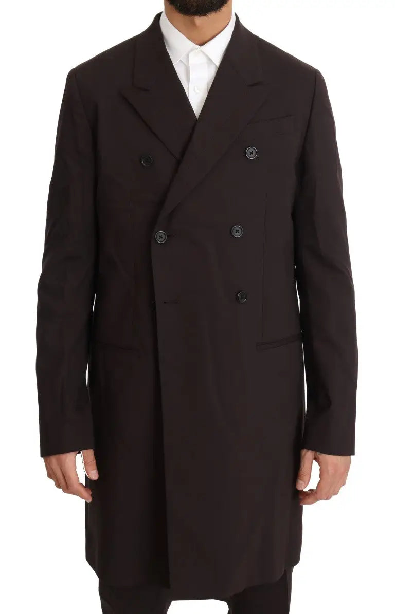 Dolce & gabbana bordeaux wool stretch long 3 piece suit with black double-breasted tailored overcoat and dark buttons