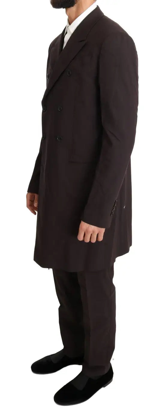 Un pardessus marron foncé croisé ajusté en laine stretch bordeaux dolce & gabbana pour costume trois pièces long