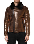 Veste moto pour homme dolce & gabbana en cuir bronze brillant avec col en fourrure noire et fermeture éclair intégrale
