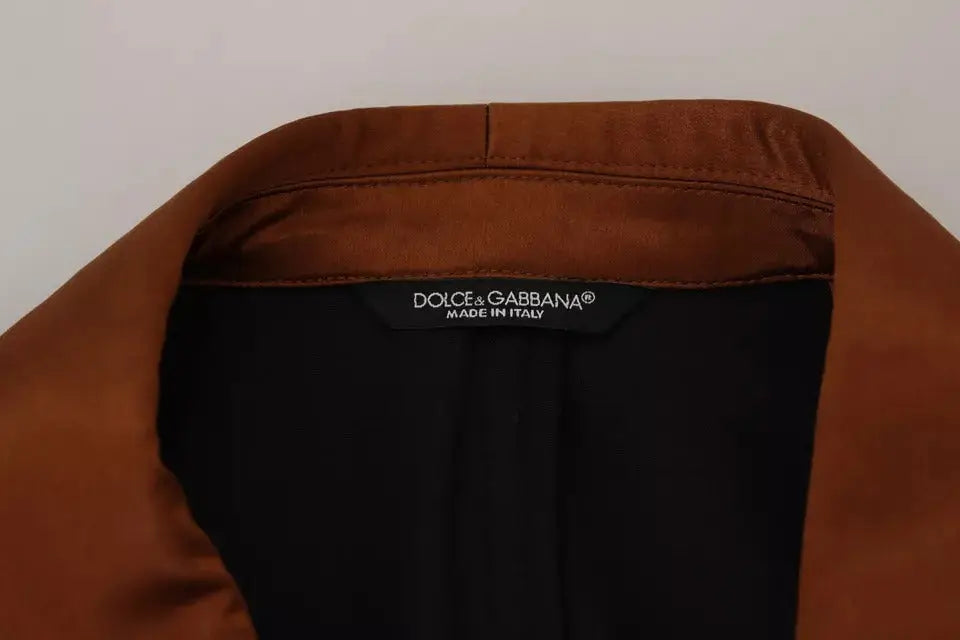 Col marron en cuir avec étiquette noire dolce gabbana made in italy sur veste blazer slim en soie imprimé singe bronze