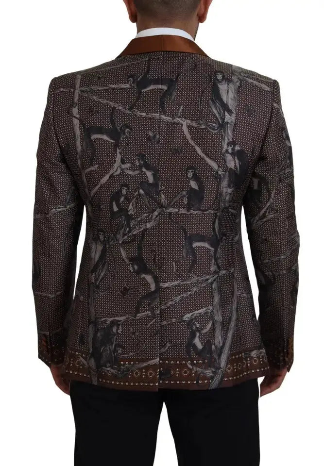 Blazer slim en soie bronze dolce & gabbana avec imprimé singe noir et gris détaillé sur fond marron avec bordure assortie