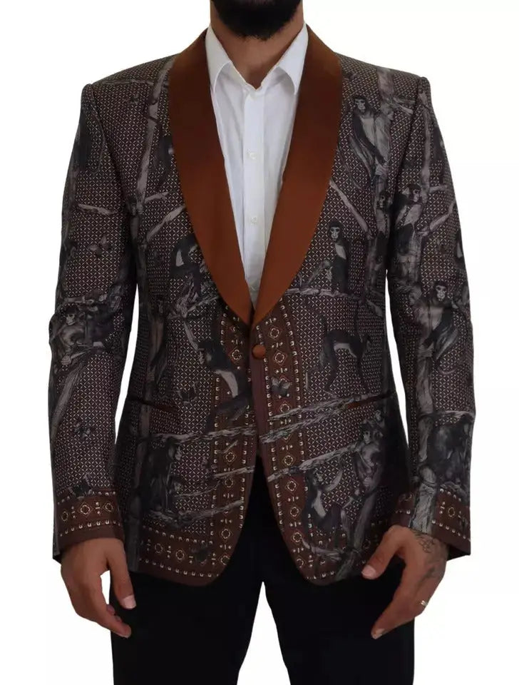 Blazer slim en soie bronze avec imprimé singe et motif classique marron à bordure en velours par dolce & gabbana