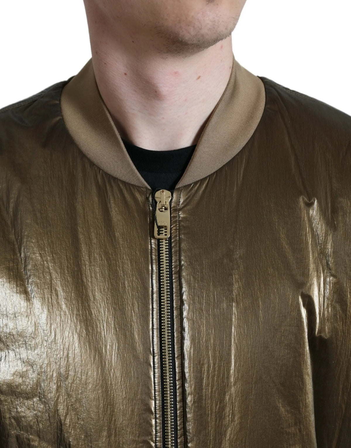 Veste bomber homme dolce gabbana bronze en nylon avec col et tirette zippée assortis en or métallique