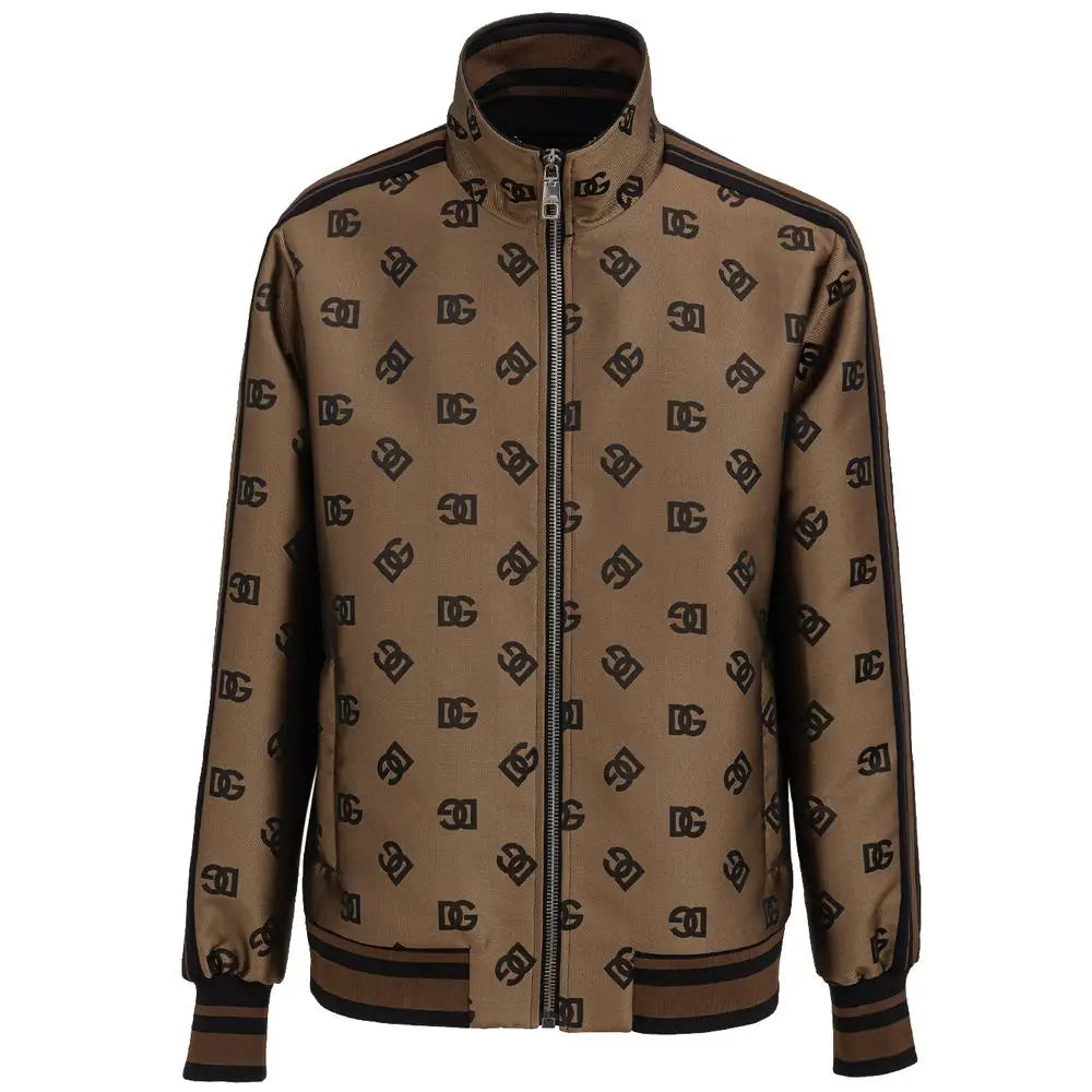 Veste dolce & gabbana bronze en polyester avec motif logo dc noir et détails rayés sur fond marron