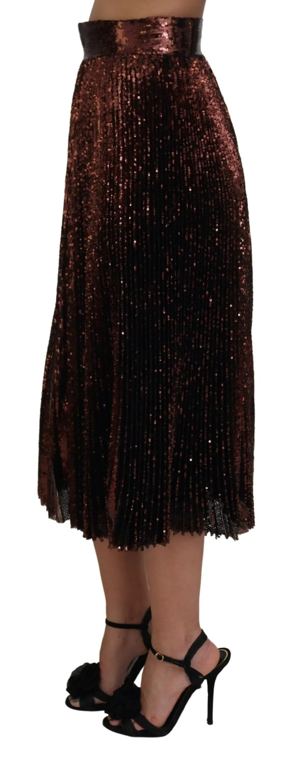 Jupe midi plissée bronze à sequins avec taille haute métallique dolce & gabbana en forme trapèze