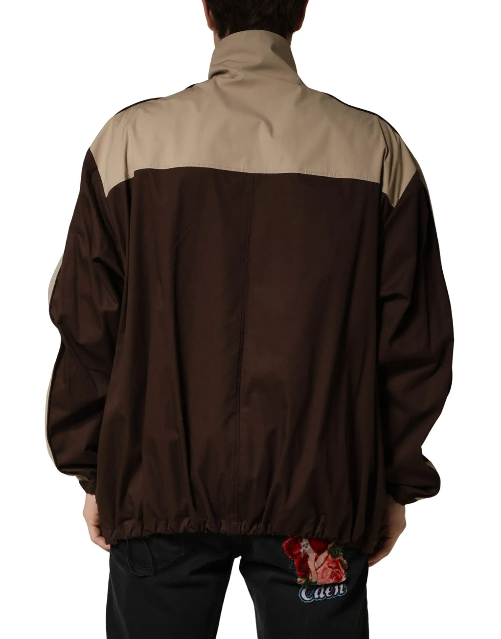 Veste coupe-vent dolce & gabbana marron beige en coton avec col montant et broderie rose vue de dos