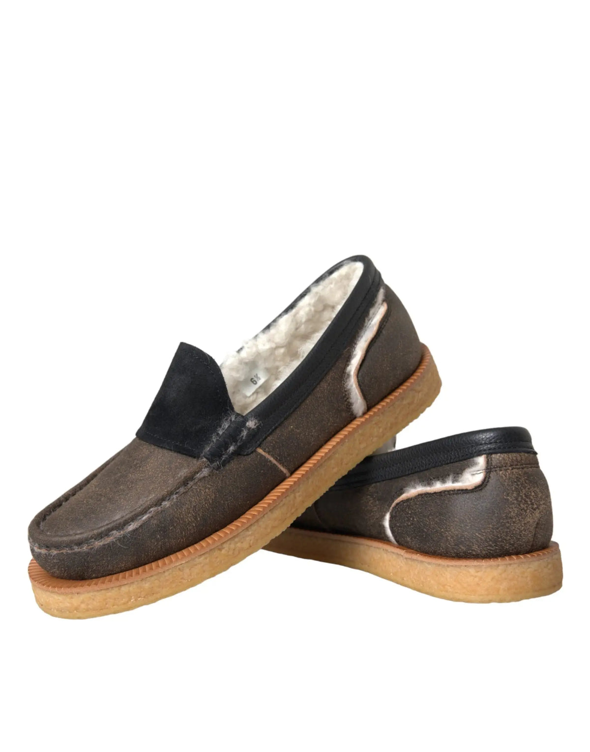 Mocassins dolce & gabbana pour homme en daim marron avec accents en cuir noir et doublure en shearling blanche douce