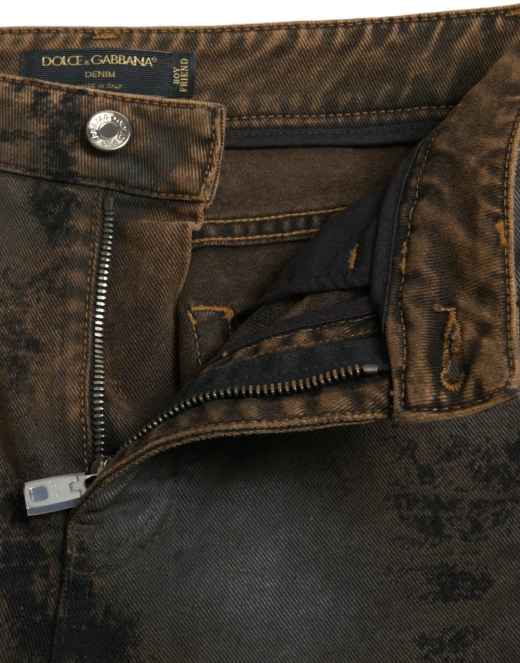 Jean boyfriend mi taille en denim coton marron foncé distressed avec un effet délavé et coutures visibles dolce & gabbana