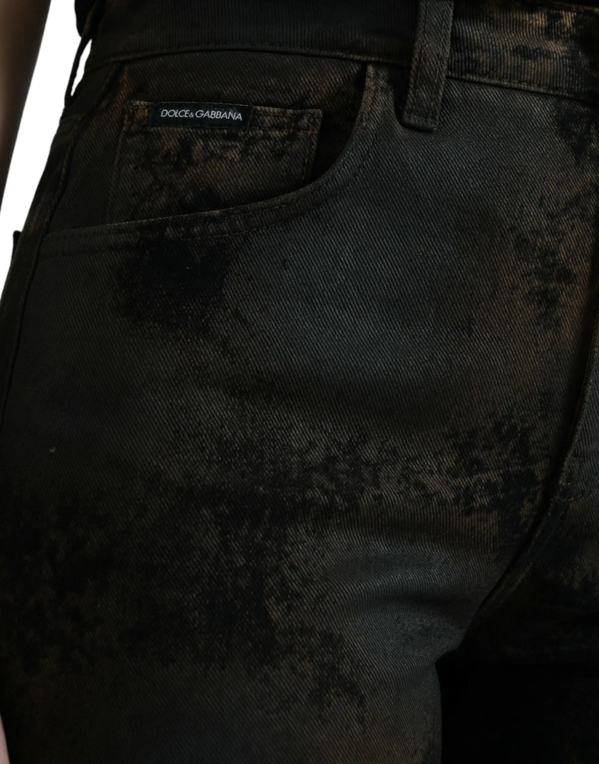 Jean boyfriend mi taille marron en coton denim avec texture délavée noir et étiquette dolce & gabbana à larrière