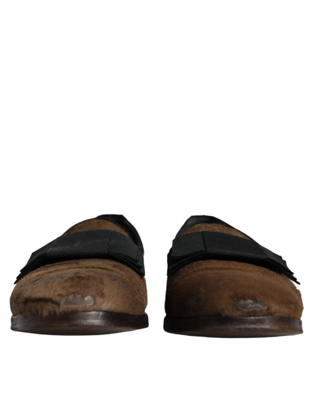 Dolce & gabbana mocassins formels en cuir calf hair marron avec sandales en daim marron à scratchs noirs usés