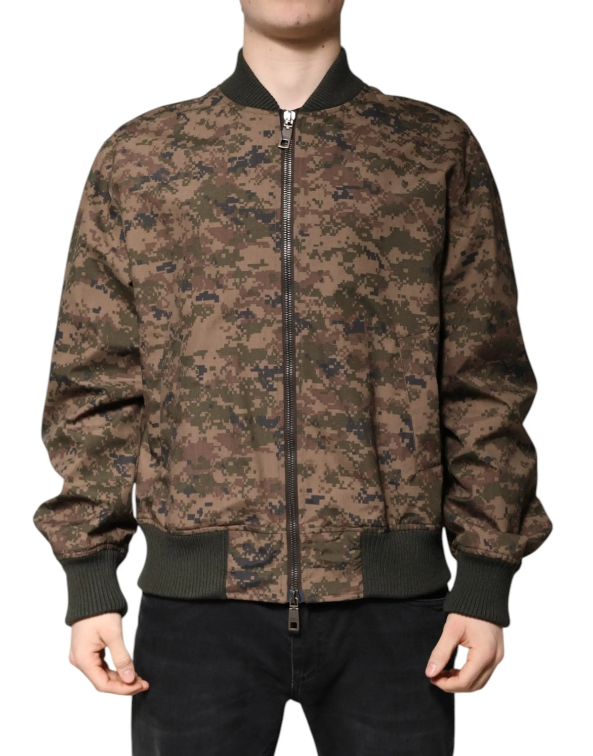 Veste bomber dolce & gabbana marron camouflage zip complète avec col, poignets et taille côtelés vert foncé
