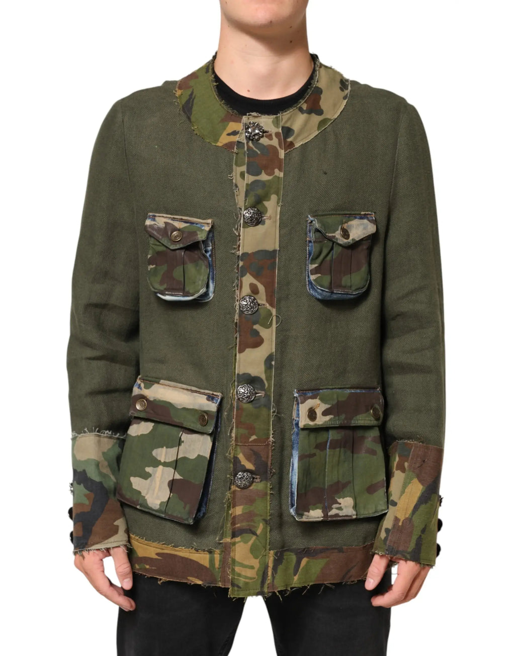 Dolce & gabbana brown camouflage linen button down jacket with olive green and camouflage pattern and distressed denim accents