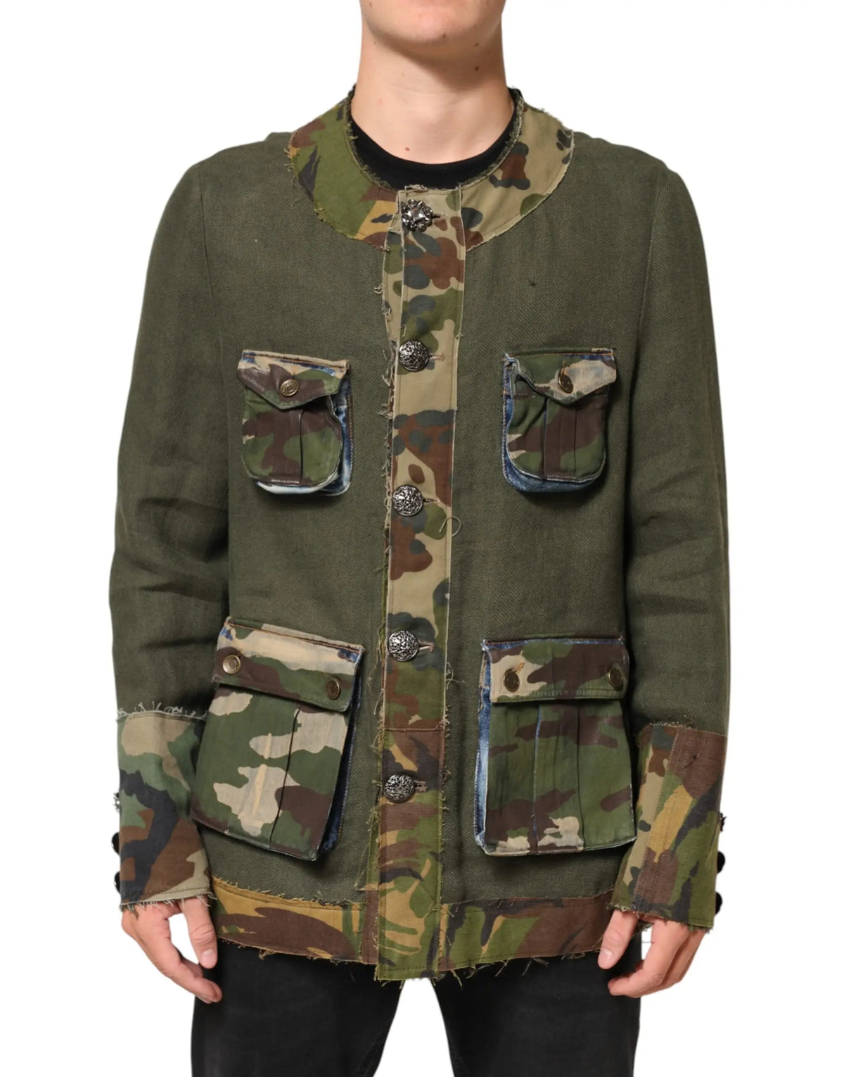Dolce & gabbana brown camouflage linen button down jacket with olive green and camouflage pattern and distressed denim accents
