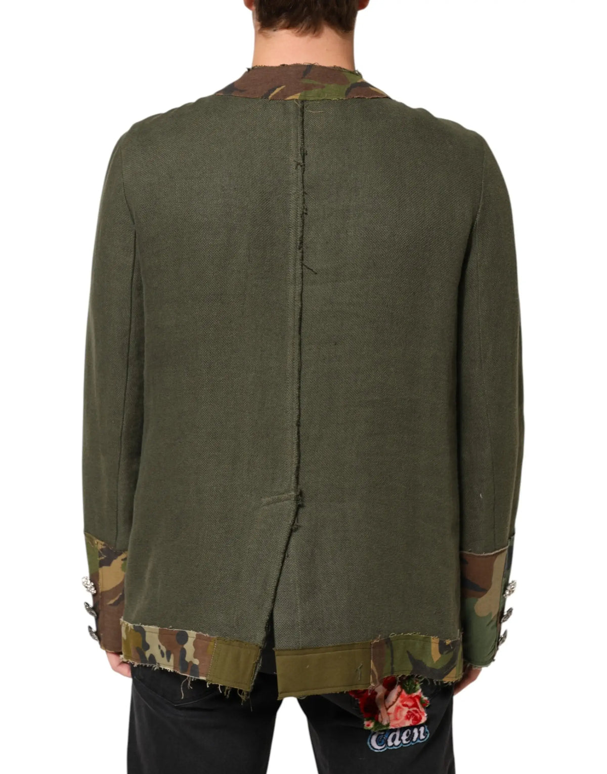 Veste dolce & gabbana en lin marron olive avec détails camouflage au col, poignets et ourlet