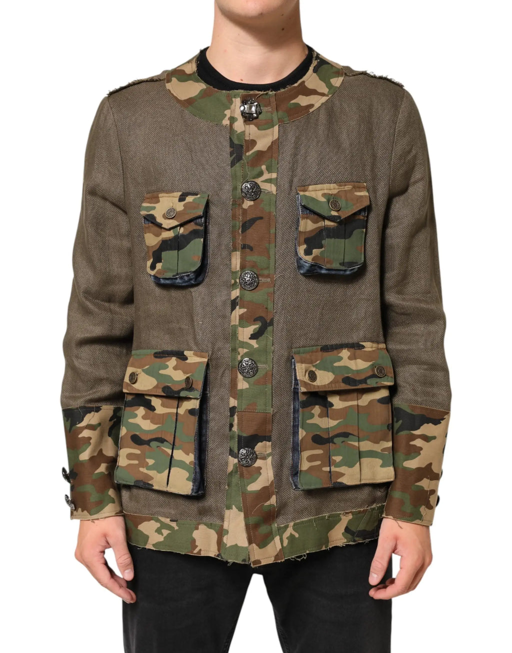 Veste dolce & gabbana marron camouflage en lin avec boutons métalliques et poches multiples en tons olive brun vert