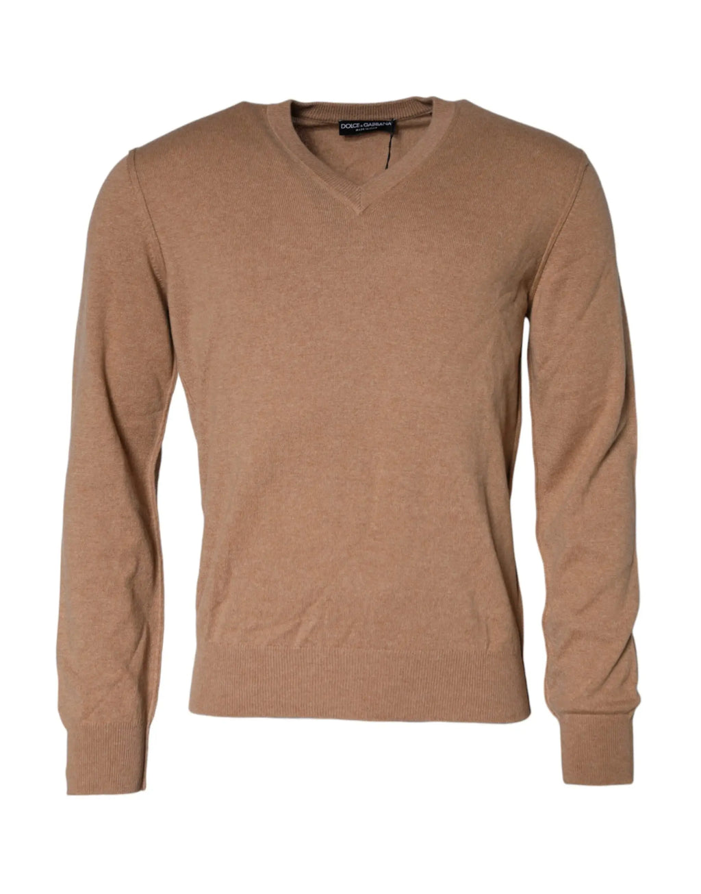 Pull beige dolce gabbana en cachemire à col en v avec poignets et ourlet côtelés