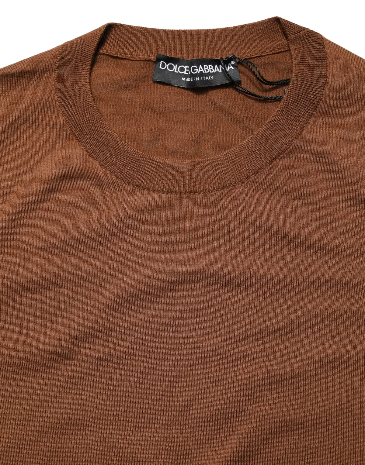 Pull over col en rond homme dolce gabbana marron en cachemire avec encolure côtelée et tricot fin