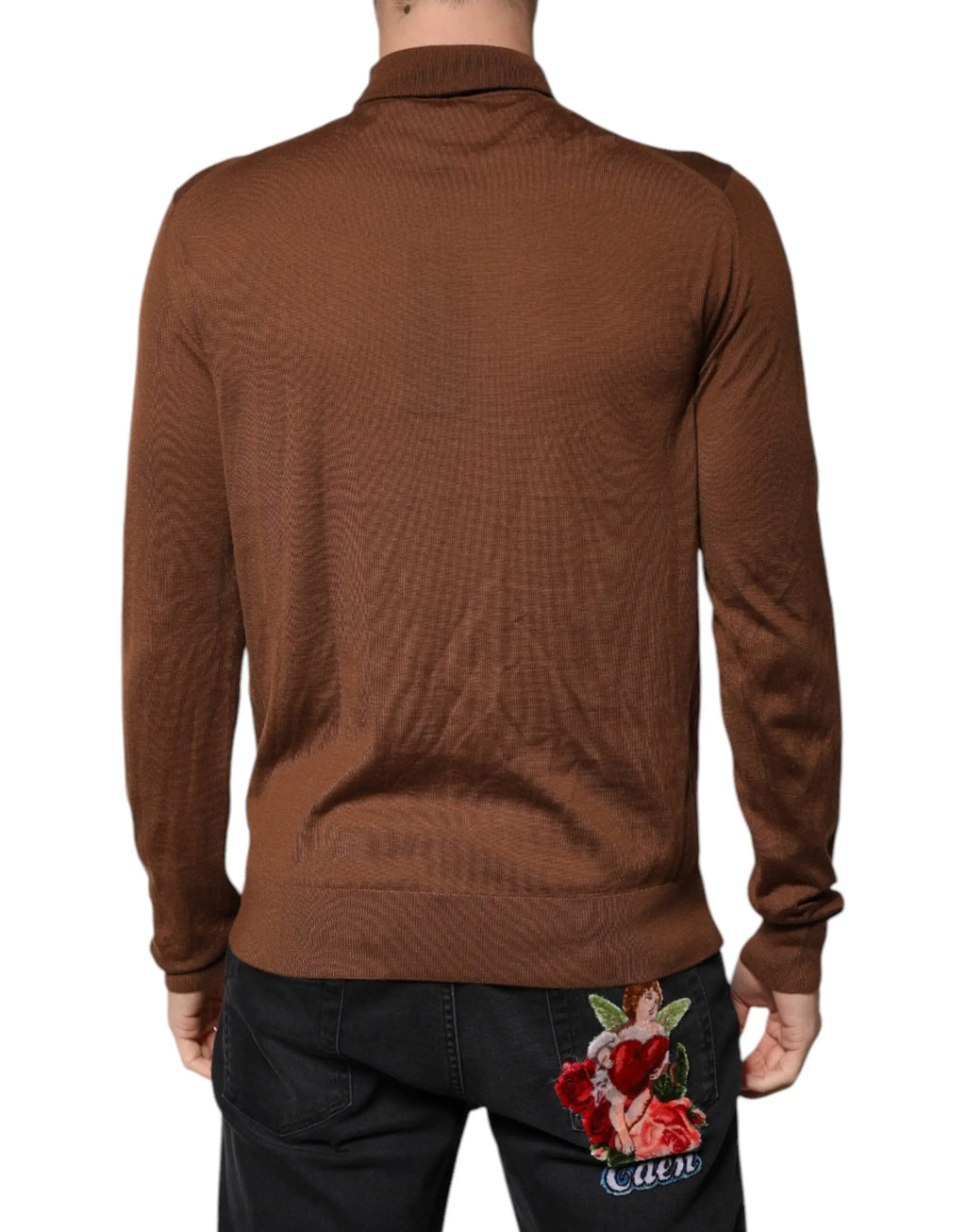 Dolce & gabbana pull en cachemire marron col roulé texturé avec ange brodé tenant des roses rouges au dos
