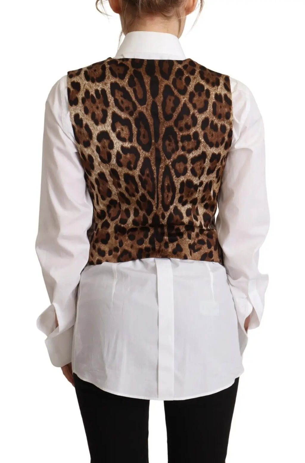 Dolce gabbana gilet sans manches v neck marron à carreaux et imprimé léopard avec silhouette ajustée et léger brillant