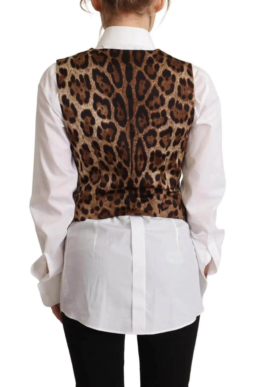 Dolce gabbana gilet sans manches v neck marron à carreaux et imprimé léopard avec silhouette ajustée et léger brillant