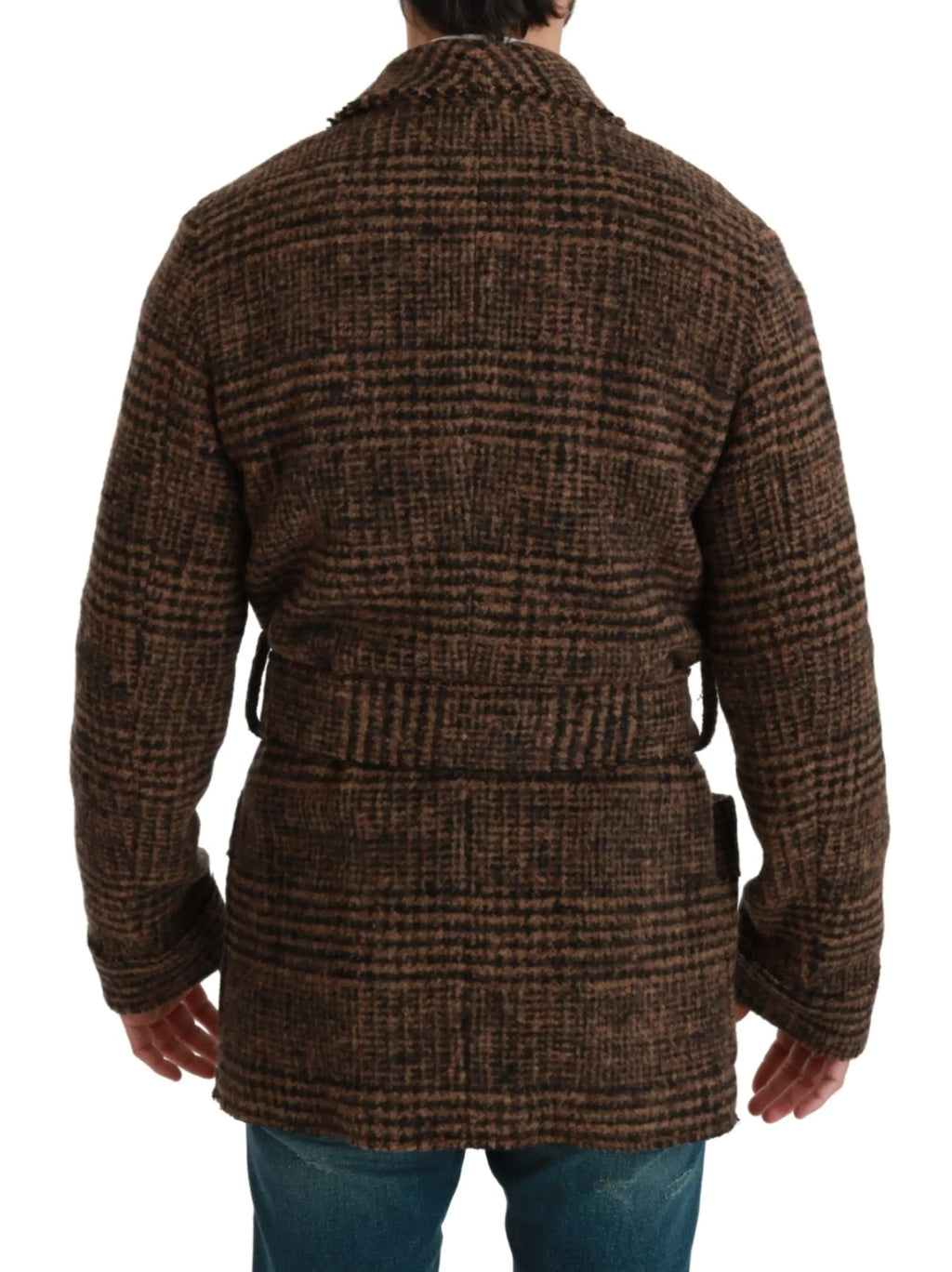 Dolce & gabbana manteau en laine à carreaux marron et noir avec ceinture à la taille style robe