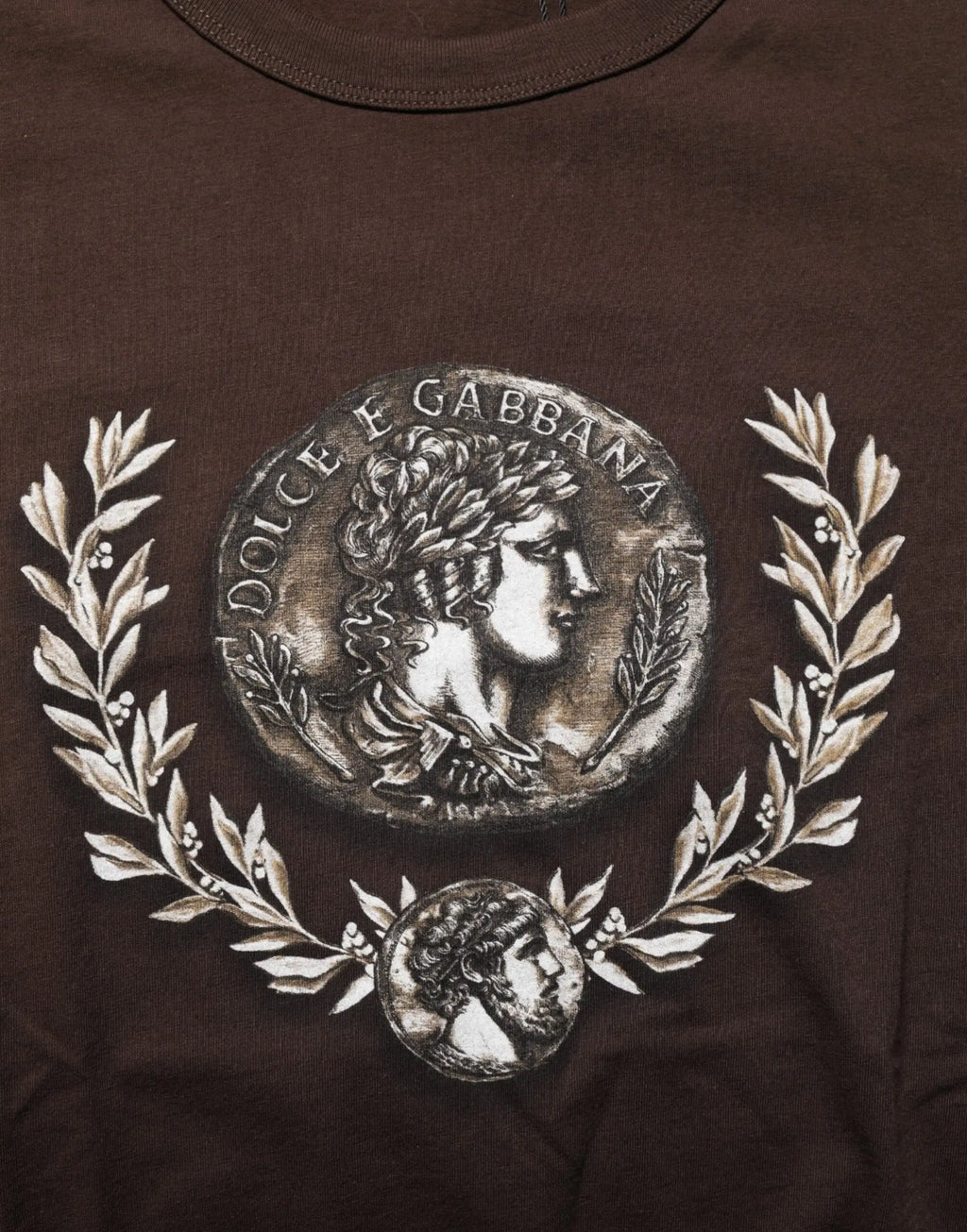 T shirt marron dolce gabbana pour homme avec imprimé pièce argentée profils classiques et couronnes de laurier