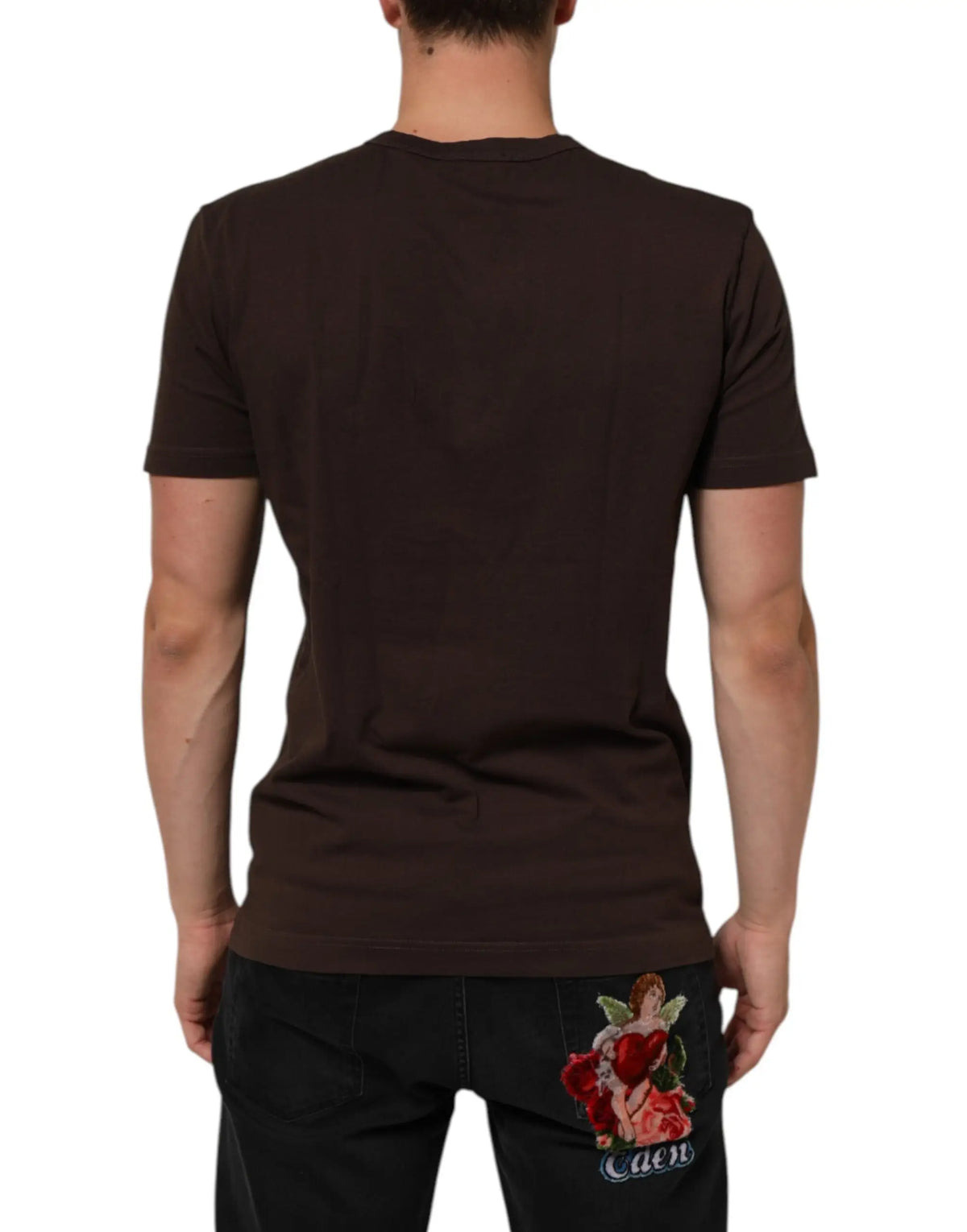 T-shirt homme dolce gabbana en coton marron foncé avec broderie d’ange et roses rouges au dos
