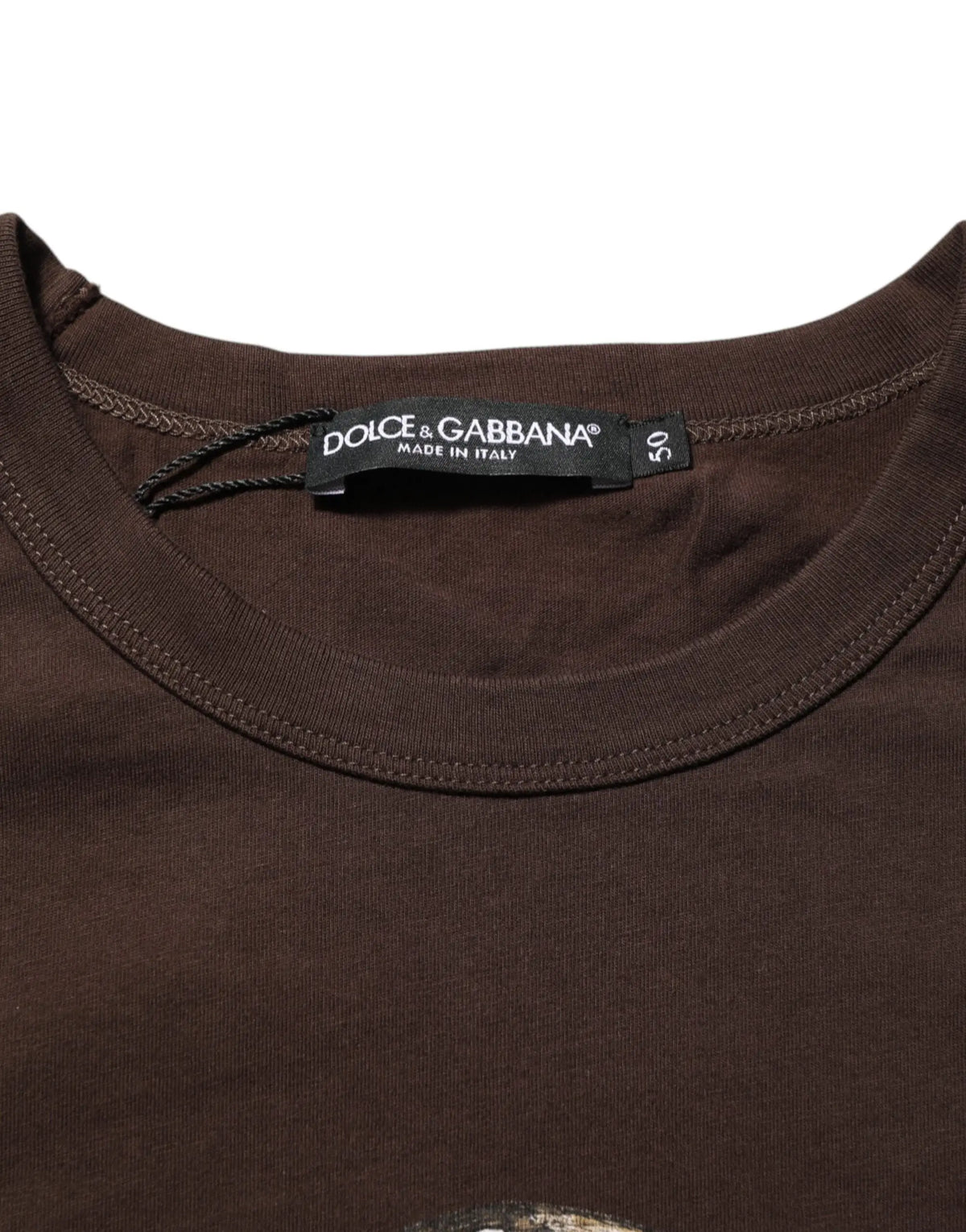 T-shirt dolce & gabbana marron avec imprimé couronne de pièces et étiquette noire made in italy taille 50