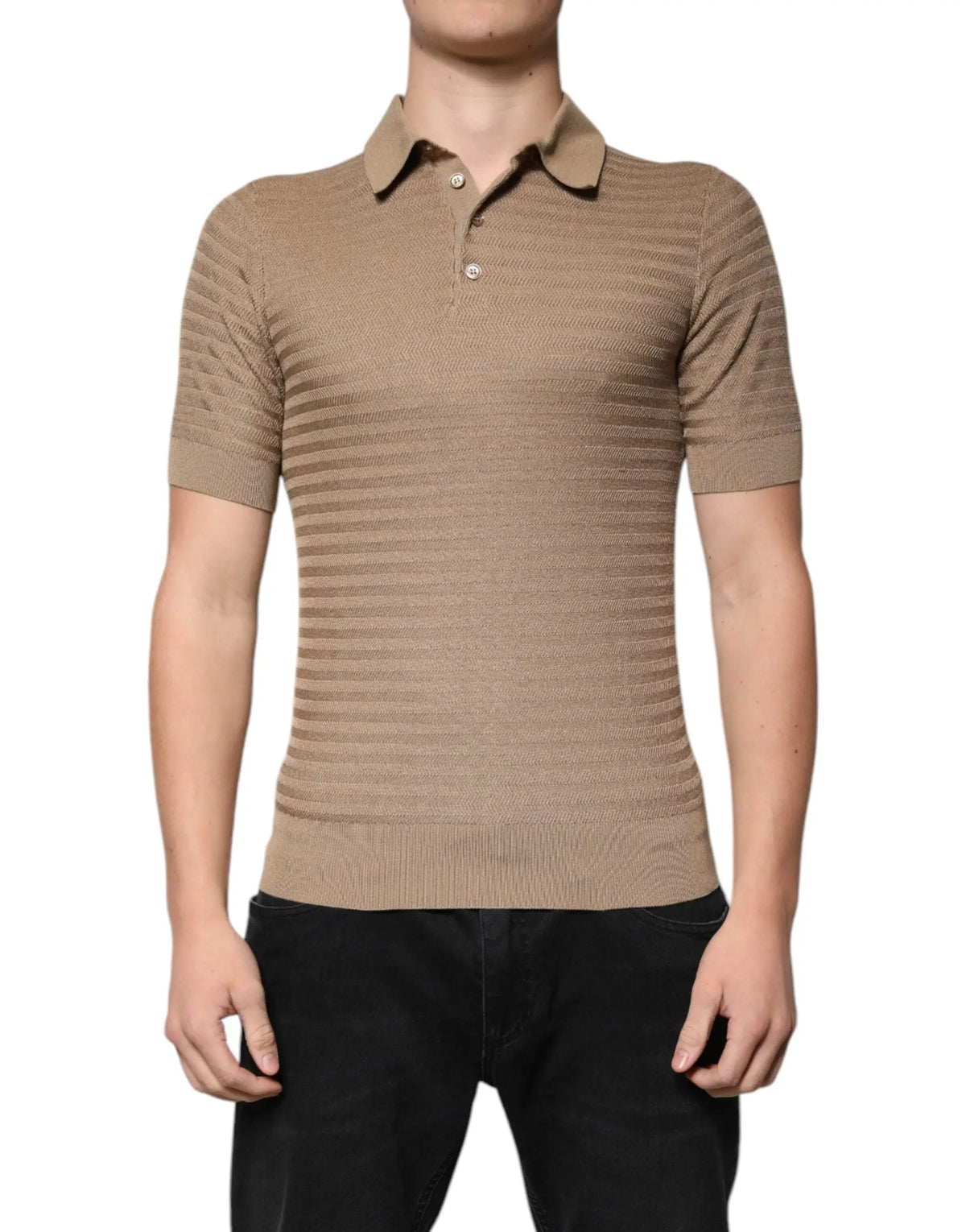 Polo beige dolce et gabbana à manches courtes avec texture ribbée horizontale subtile et col assorti