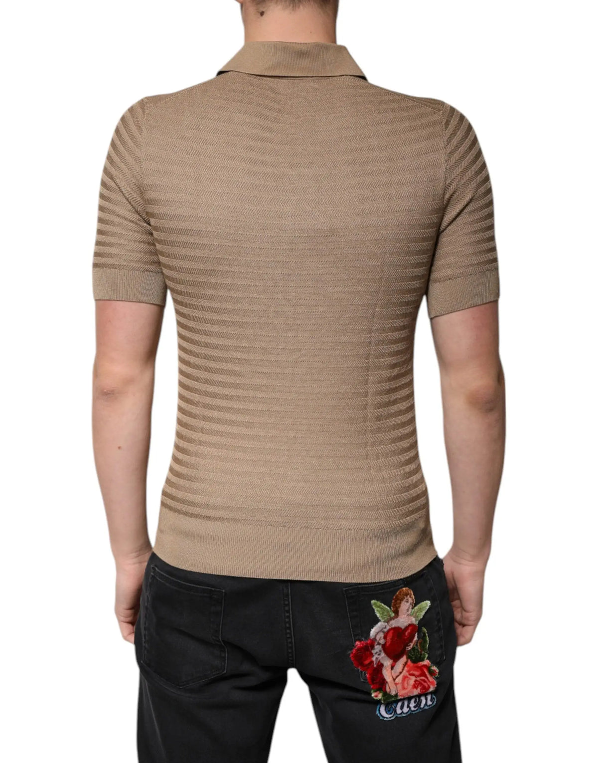 Beige polo shirt en maille côtelée à manches courtes avec col dolce & gabbana marron
