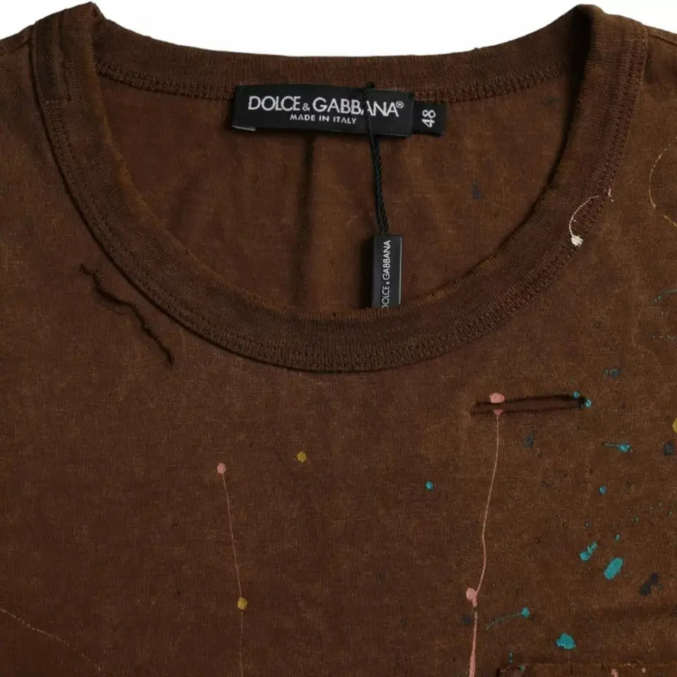 T-shirt dolce & gabbana marron en coton avec éclaboussures de peinture et encolure usée
