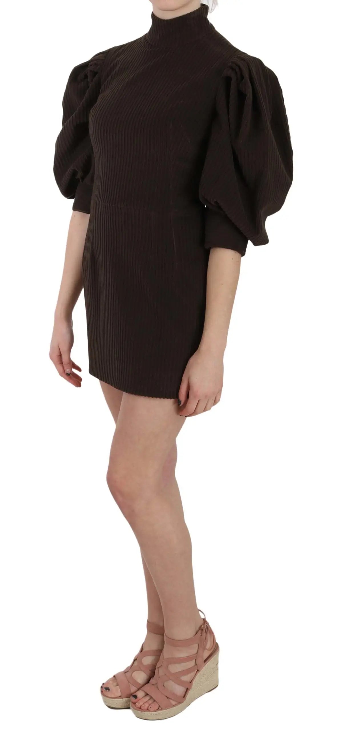 Dolce & gabbana robe mini marron en velours côtelé bodycon en coton avec manches courtes bouffantes côtelées noires
