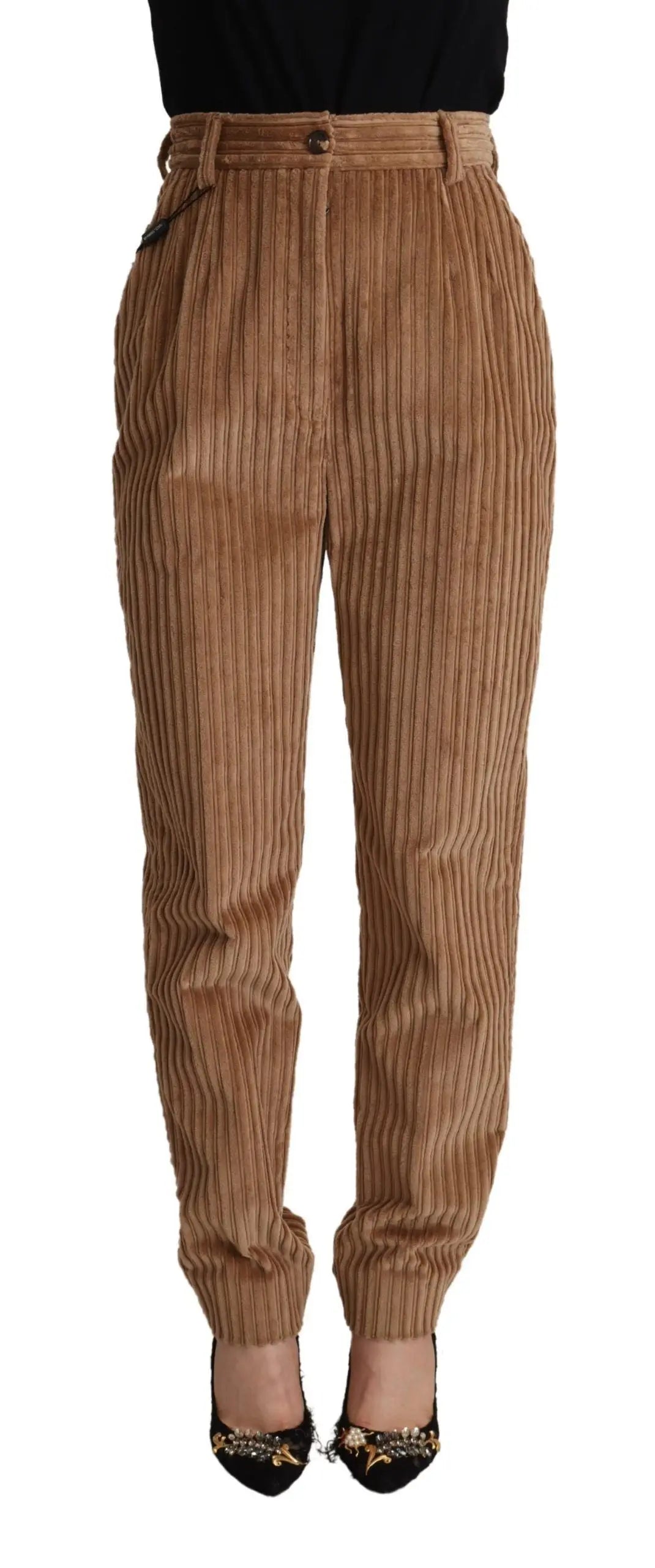 Pantalon tapered en velours côtelé marron dolce et gabbana en coton avec taille haute