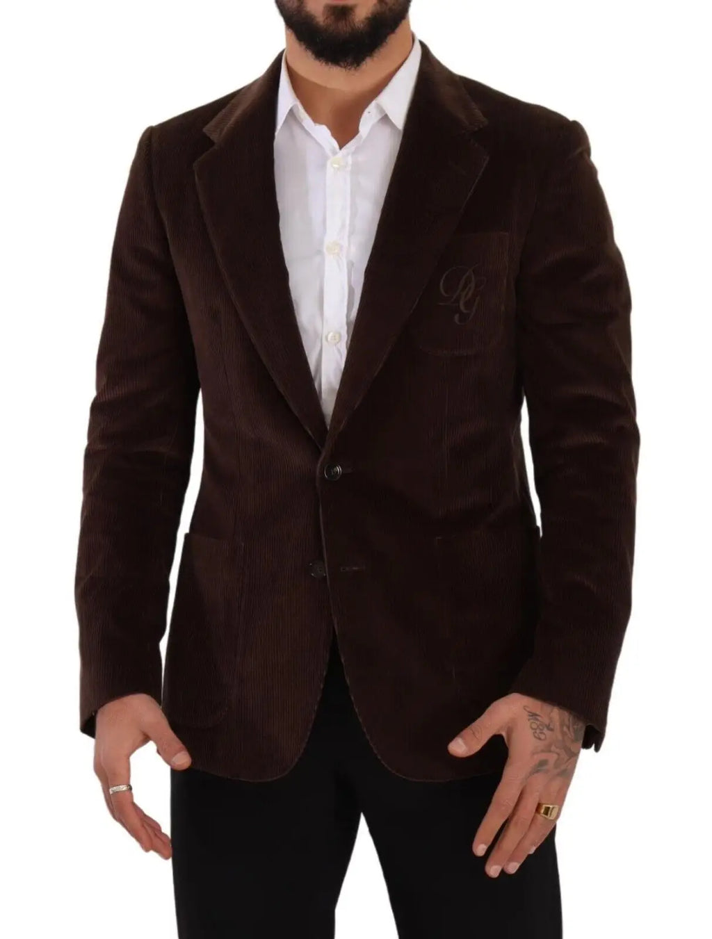Dolce & gabbana blazer marron en velours côtelé slim fit avec logo brodé subtil sur la poche poitrine gauche